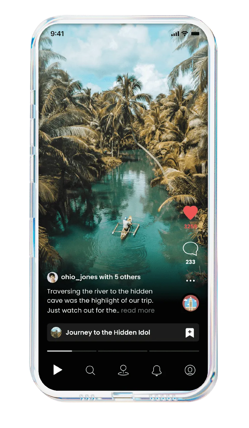 Trava mobile app interface showing a user rowing through a river, with likes, comments, and post caption