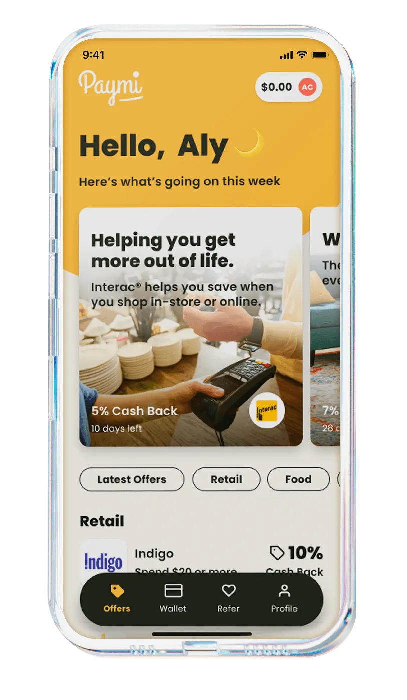 Paymi mobile app showing cashback offers, greeting user, and displaying retail categories