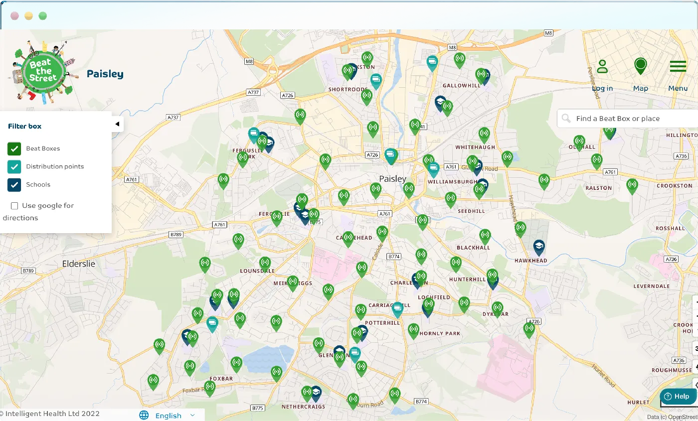 Interactive map for "Beat the Street" field game with marked locations